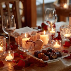 Romantic dinner setting with candles, chocolates, rose petals, and wine glasses for two. AI-generated image Valentine's Day