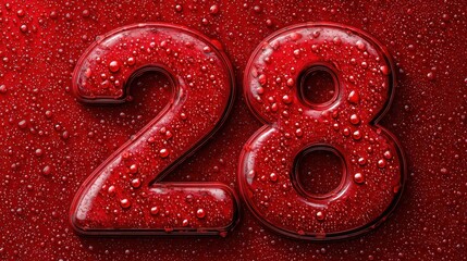 A glossy futuristic number 28 covered with water droplets conveys bold modern design, intensity, and dynamic visual energy.
