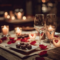Romantic dinner setting with candles, chocolates, rose petals, and wine glasses for two. AI-generated image Valentine's Day