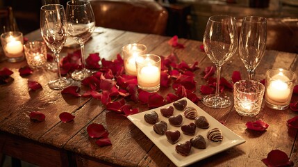 Romantic dinner setting with candles, chocolates, rose petals, and wine glasses for two. AI-generated image Valentine's Day