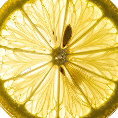 Extreme close-up photograph of a backlit lemon slice revealing intricate internal structure.