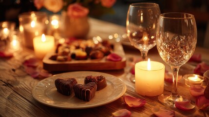 Romantic dinner setting with candles, chocolates, rose petals, and wine glasses for two. AI-generated image Valentine's Day