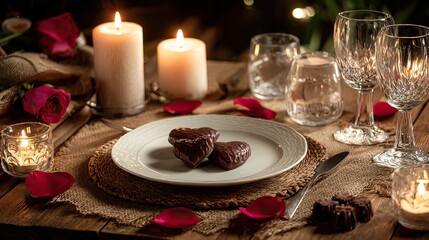 Romantic dinner setting with candles, chocolates, rose petals, and wine glasses for two. AI-generated image Valentine's Day
