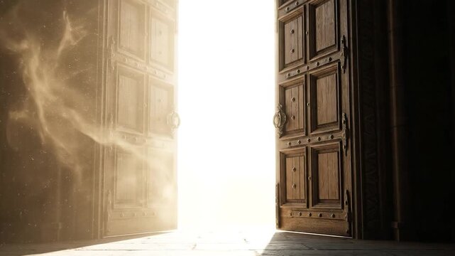 Imposing door opening slowly to blinding bright light and opportunity.
