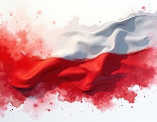 Watercolor art shows waving Polish flag with red and white colors. Red splashes on white background create patriotic abstract design. Poland national symbol art.