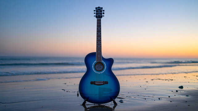 Blue acoustic guitar on sandy beach at serene sunset - Powered by Adobe