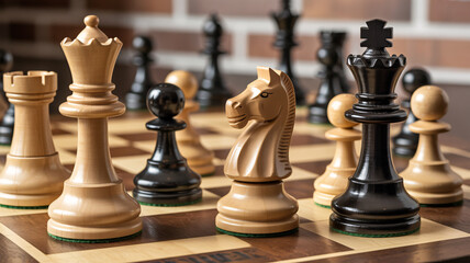 Close-up of chess pieces on a wooden board in play