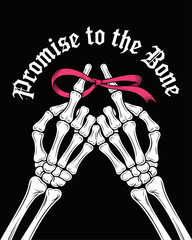 Skeleton hands pinky promise with red ribbon bow and gothic quote Promise to the Bone on black background vector illustration