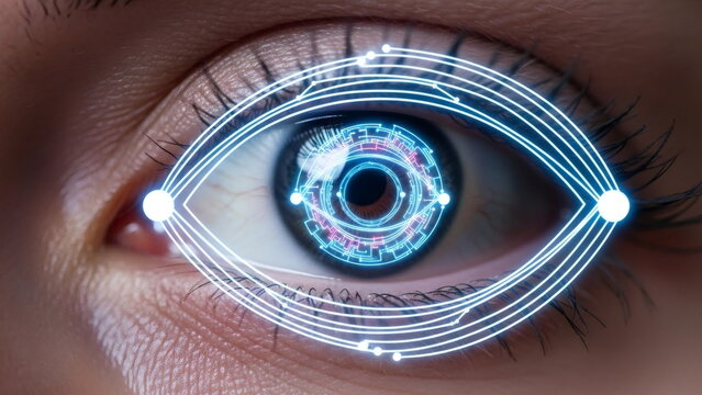 A woman's blue eyes, drawn with digital light lines. Concept of biometric scanning for cybersecurity. Future technologies in data processing and access control. - Powered by Adobe