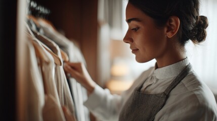 Young woman in a clothing store, standing in front of a rack of clothes. she is wearing a white blouse and a gray apron, and her hair is tied up in a bun.
