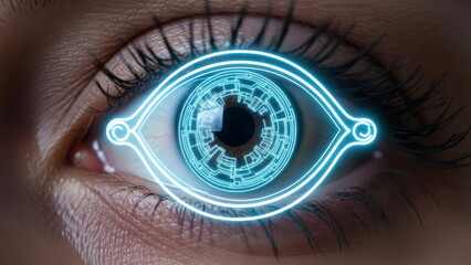 A woman's blue eyes, drawn with digital light lines. Concept of biometric scanning for cybersecurity. Future technologies in data processing and access control.