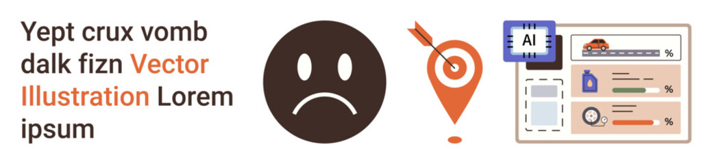 Fototapeta premium Emotional expression, geolocation services, AI innovation, data analysis, user experience, and digital interface concepts. Sad face, location pin with arrow AI chip and data dashboard. Emotional