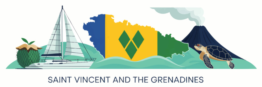 Saint Vincent and the Grenadines travel illustration with island map flag sailboat volcano sea turtle tropical fruit and ocean waves