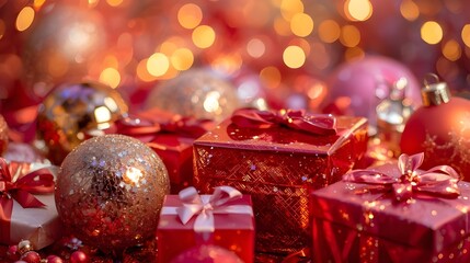 Christmas balls and present boxes in a New Year's background
