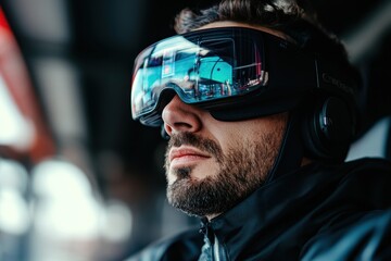 Man enjoys immersive virtual experience using advanced goggles on a public transport bus