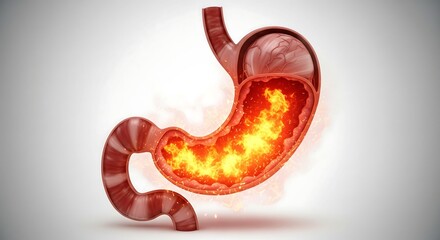 Anatomical illustration of a human stomach with a fiery interior, symbolizing heartburn or inflammation.