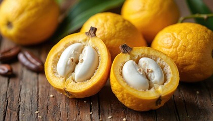 Yellow cupuacu fruit split open reveals creamy white pulp and seeds. Several whole ripe fruits rest on aged wood table. Leaves in background suggest jungle origin.