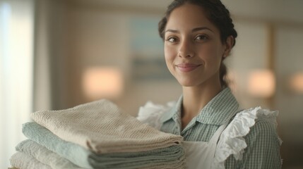 Young woman holding a stack of folded towels in her hands. she is wearing a green and white checkered shirt and a white apron with ruffles on the shoulders.