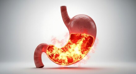 A 3D illustration of a stomach with a fiery interior, symbolizing heartburn or acid reflux.