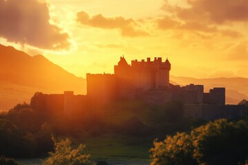 Fototapeta premium Sunset casts a golden glow over the historic castle on the hilltop in the countryside