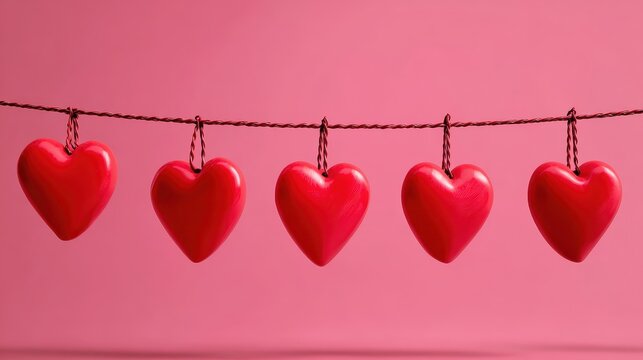 Red hearts hanging on a string against a pink background symbolize love, romance, and warm emotional connection.
 - Powered by Adobe