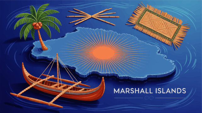 Marshall Islands cultural illustration with traditional outrigger canoe, palm tree, woven mat and map on blue tropical ocean background