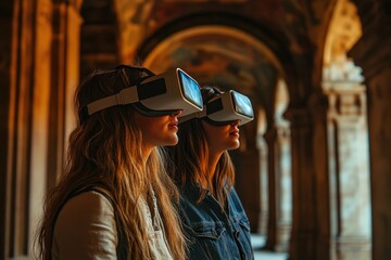 Engaging in virtual reality exploration in an ancient architectural site at sunset