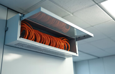 Network cables neatly coiled inside ceiling-mounted enclosure in modern office setting. Orange wires organized within white metal cabinet, suggesting structured data management, infrastructure. Setup