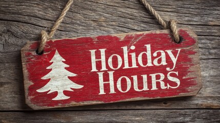 A rustic red wooden Christmas tree sign announcing holiday hours conveys seasonal business communication and festive customer guidance.

