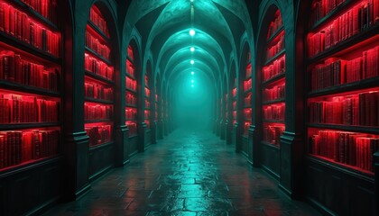 Fototapeta premium Long dark library hallway with arched ceiling and glowing red books on shelves. Teal mist fills the corridor casting eerie light on wet stone floor.