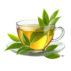 A cup of green tea with fresh leaves on a white background isolated on transparent background