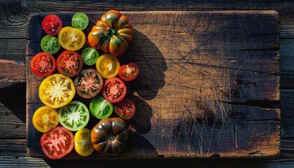 Vibrant Heirloom Tomatoes on Rustic Cutting Board