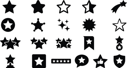 Set of black star silhouette icons. Vector various star shapes including shooting star, badge, and rating symbols for design. © ArtMint