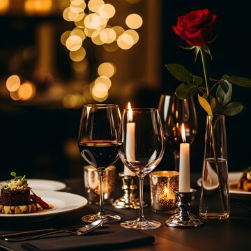 Romantic dinner setting with wine glasses candles and delicious food