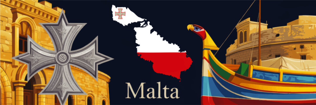 Colorful Malta travel illustration with Maltese cross, traditional luzzu boat, historic limestone architecture and island map on dark background