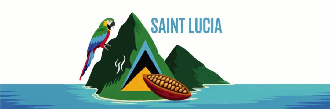 Saint Lucia tropical travel illustration with Pitons mountains, exotic parrot, cocoa pod and Caribbean sea island landscape