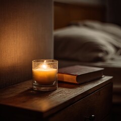Single candle softly burning on a nightstand with a book in a cozy bedroom. AI-generated image