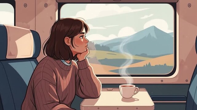Girl riding train quietly, thoughtful lofi animation loop with soft colors.