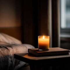 Single candle softly burning on a nightstand with a book in a cozy bedroom. AI-generated image