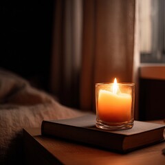 Single candle softly burning on a nightstand with a book in a cozy bedroom. AI-generated image