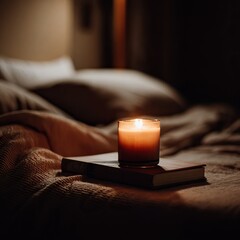 Single candle softly burning on a nightstand with a book in a cozy bedroom. AI-generated image