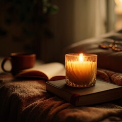 Single candle softly burning on a nightstand with a book in a cozy bedroom. AI-generated image
