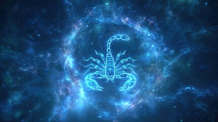 A glowing Scorpio zodiac symbol radiates intense cosmic energy, expressing mystery, power, and deep astrological identity.
