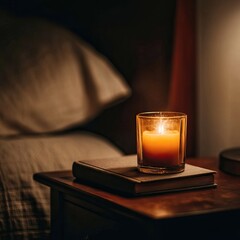 Single candle softly burning on a nightstand with a book in a cozy bedroom. AI-generated image