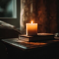 Single candle softly burning on a nightstand with a book in a cozy bedroom. AI-generated image