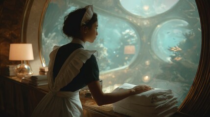 Young woman wearing a white apron and a white headband, standing in front of a large window with a view of the ocean.