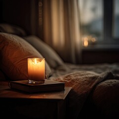 Single candle softly burning on a nightstand with a book in a cozy bedroom. AI-generated image
