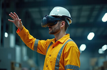 Industrial worker uses virtual reality headset and hand gestures in factory. Man wears hard hat and safety vest. Tech innovation, digital manufacturing, future training.