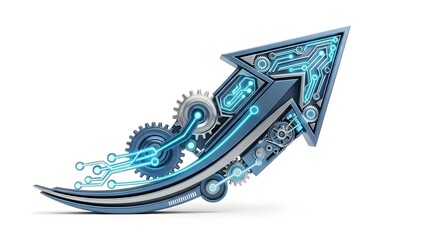 A futuristic blue and silver arrow pointing upwards with glowing circuits