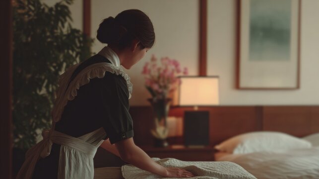 Young woman in a hotel room. she is wearing a black dress with a white apron tied around her waist. she has her hair tied up in a bun and is bending over a bed with white sheets.